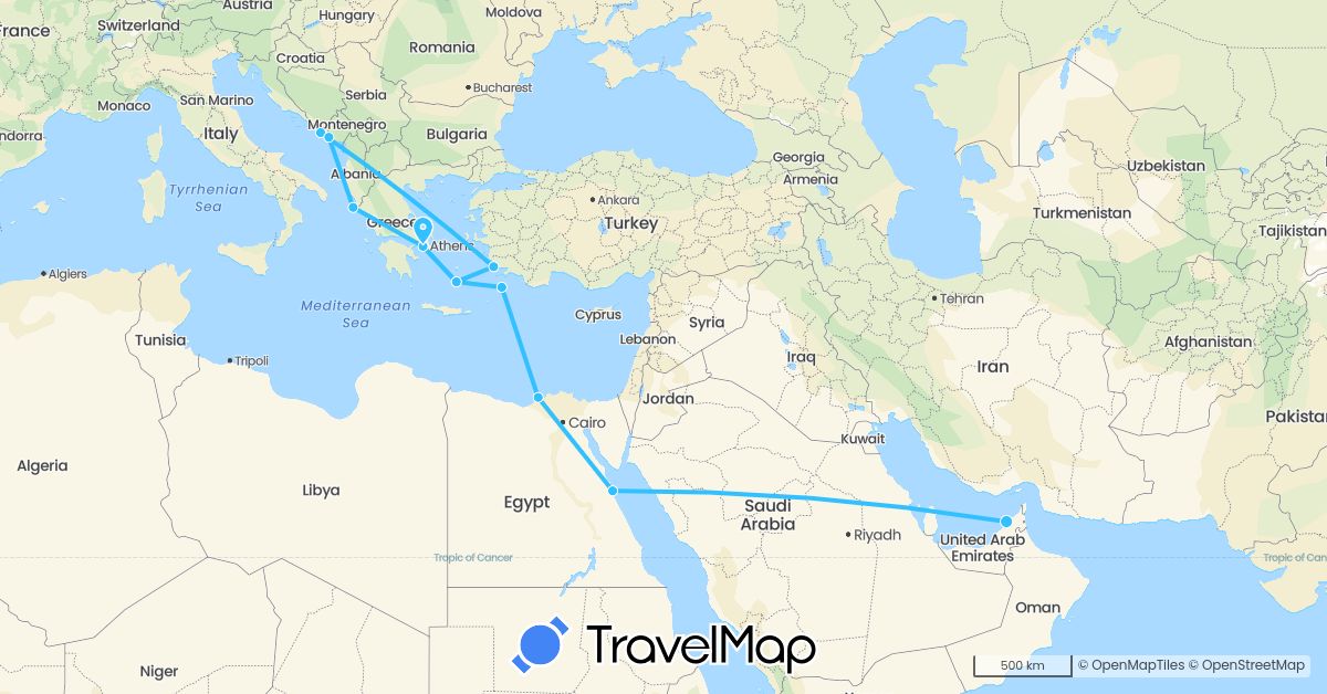 TravelMap itinerary: driving, boat in United Arab Emirates, Egypt, Greece, Croatia, Montenegro, Turkey (Africa, Asia, Europe)